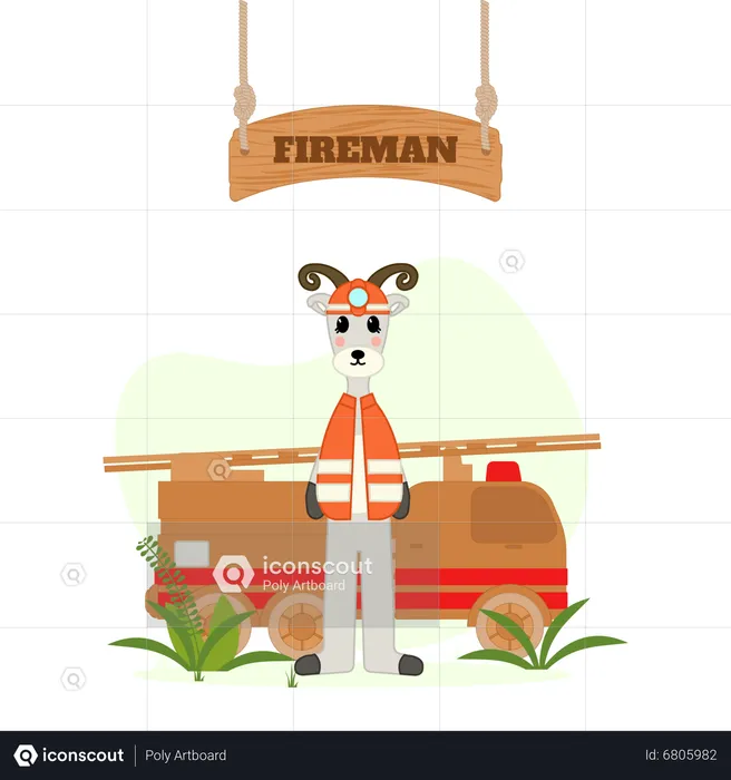 Fireman goat with fire vehicle  Illustration