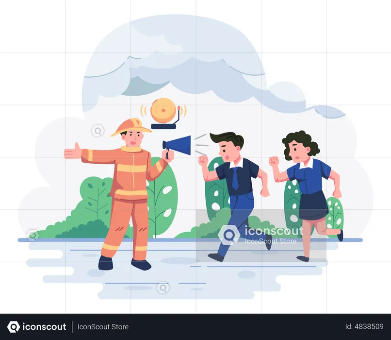 Fireman guiding people towards safe way during fire emergency  Illustration