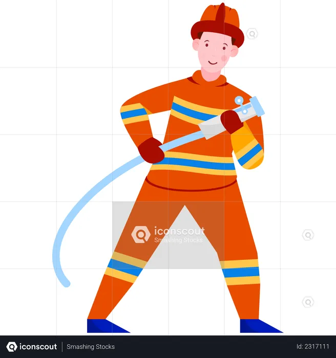 Fireman holding water hose pipe  Illustration