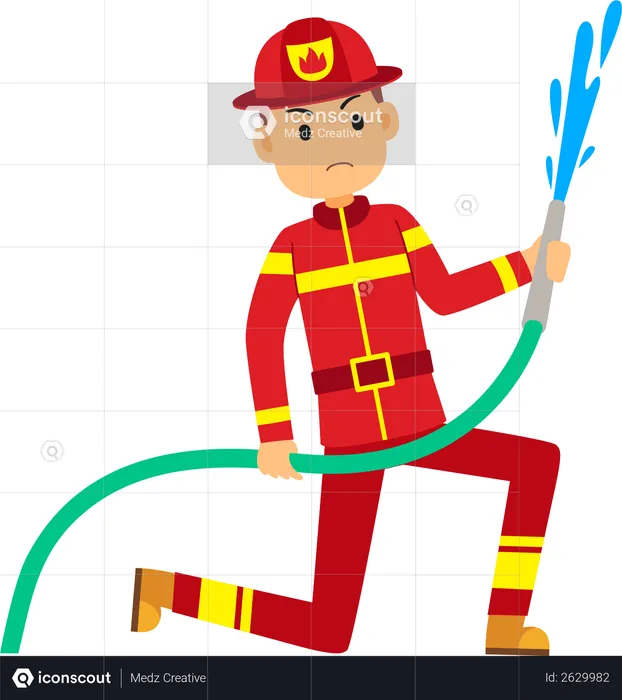 Fireman holding water pipe  Illustration
