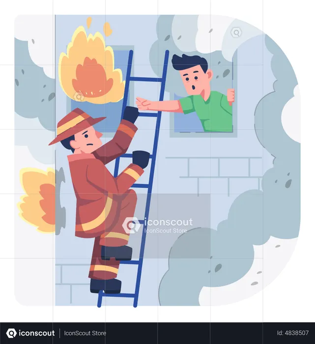 Fireman rescuing man trapped in building with fire  Illustration