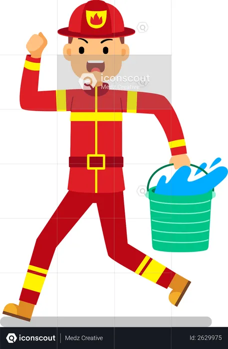 Fireman running with water bucket  Illustration