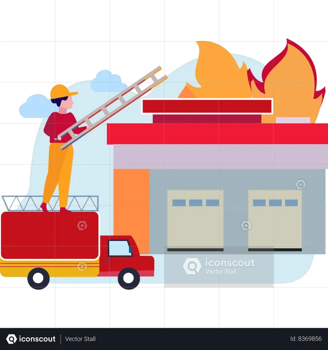 Fireman stands on a truck with a ladder  Illustration