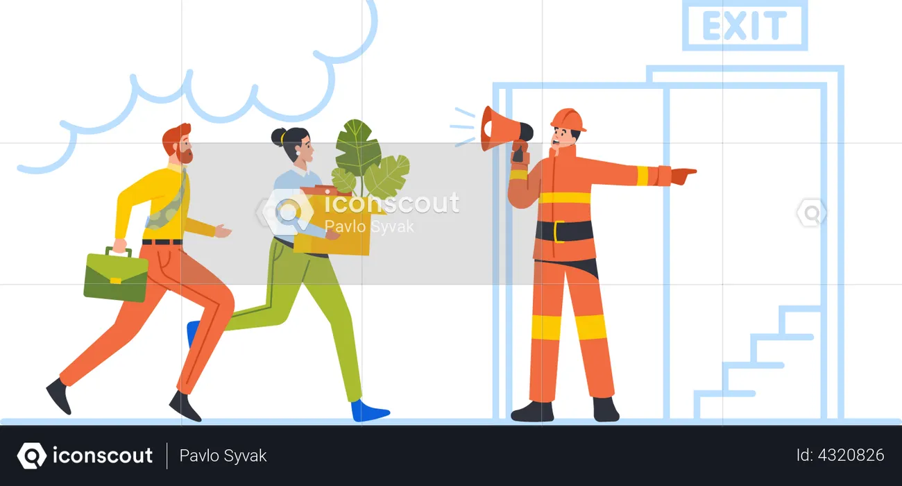Fireman with Megaphone Announcing Fire Emergency Evacuation  Illustration