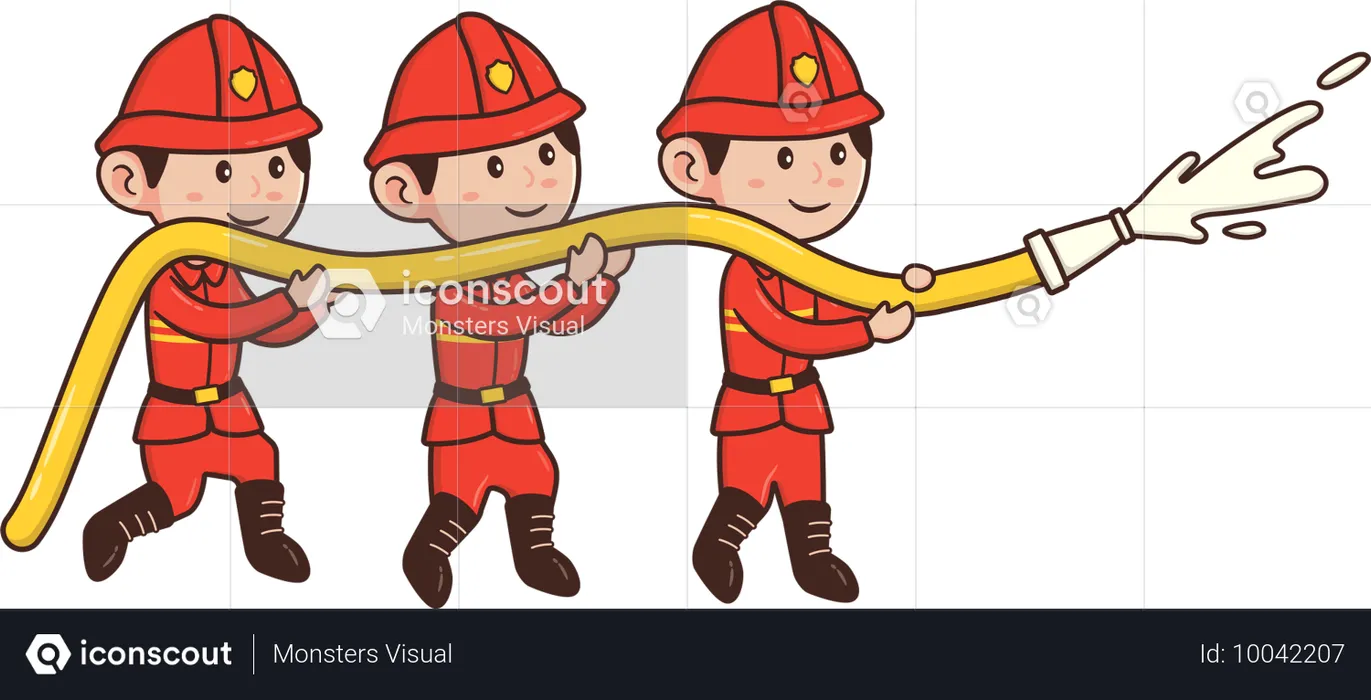 Firemen holding water hose pipe to spray on burning house  Illustration