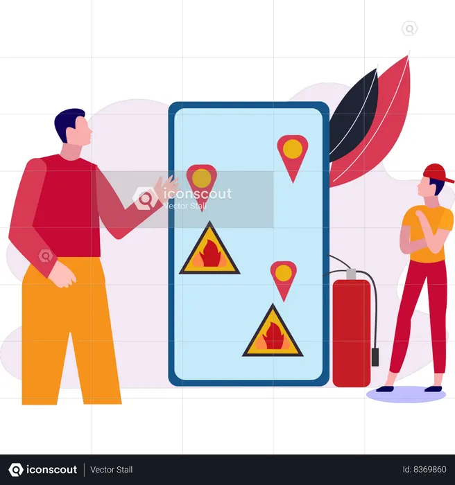 Firemen inspect fire locations on a mobile map  Illustration