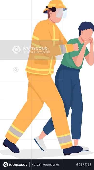 First responder rescuing frightened woman  Illustration