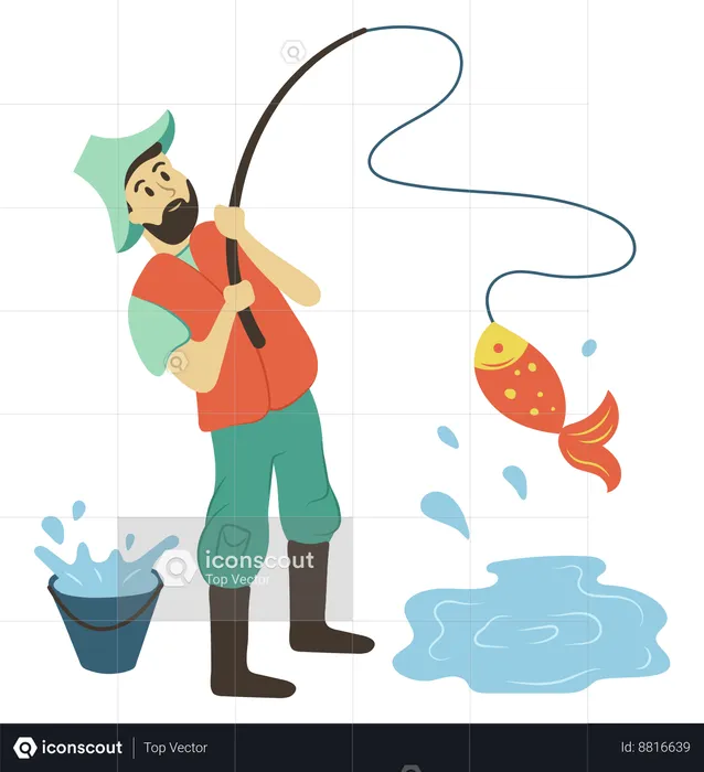 Fisherman catches fish from pond  Illustration