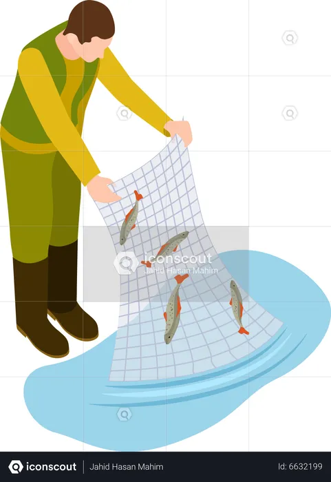 Fisherman catching fish using net  Illustration