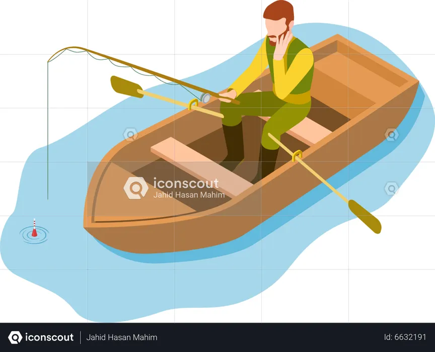 Fisherman catching fish while sitting in boat  Illustration
