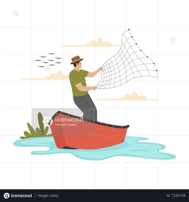 Fisherman fishing at lake  Illustration