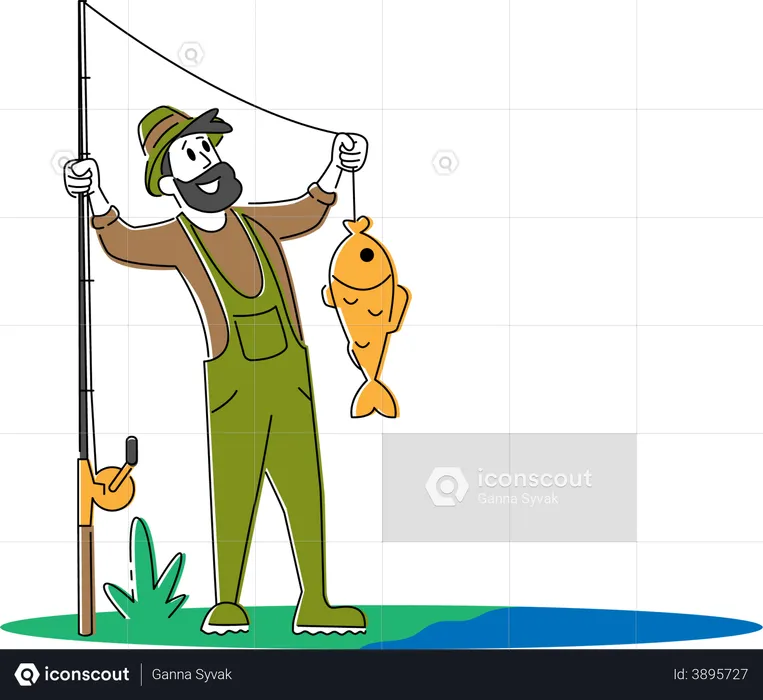 Fisherman holding fish he cached from pond  Illustration