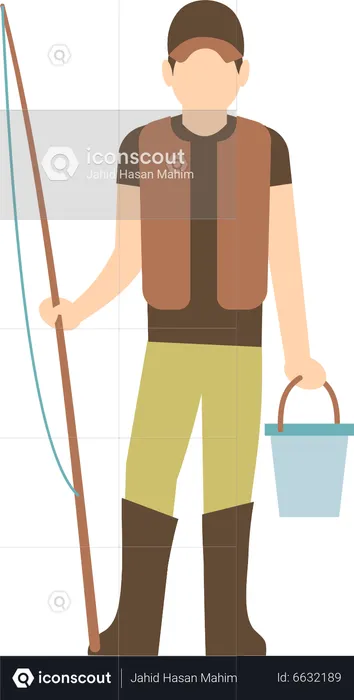 Fisherman holding fishing rob and bucket  Illustration