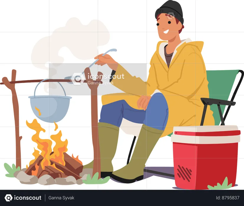 Fisherman Prepares Hearty Fish Soup In Cauldron  Illustration