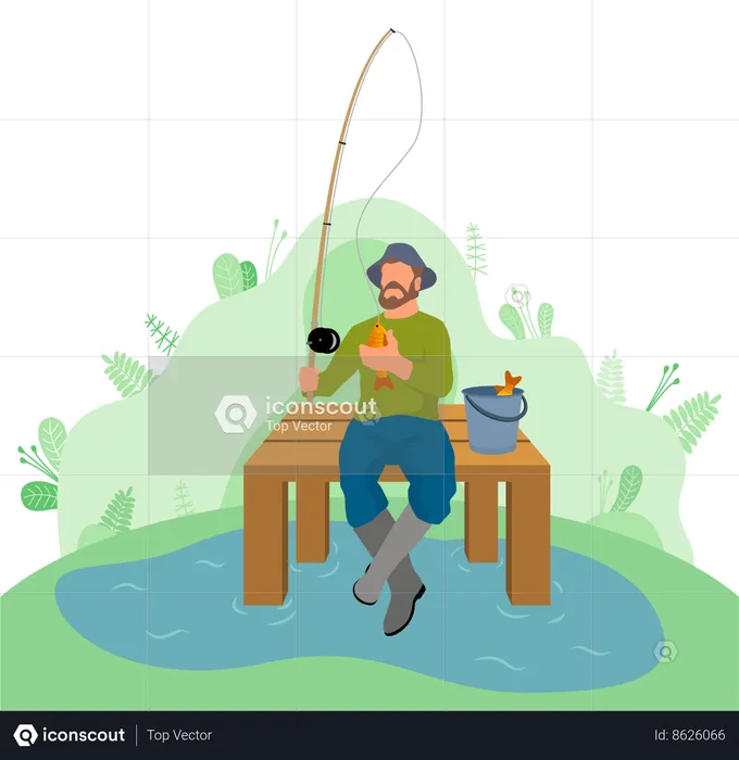 Fisherman sitting near pond for fishing  Illustration