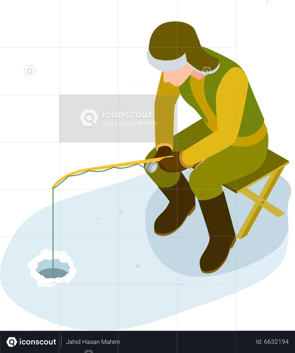 Fisherman sitting on chair while fishing  Illustration