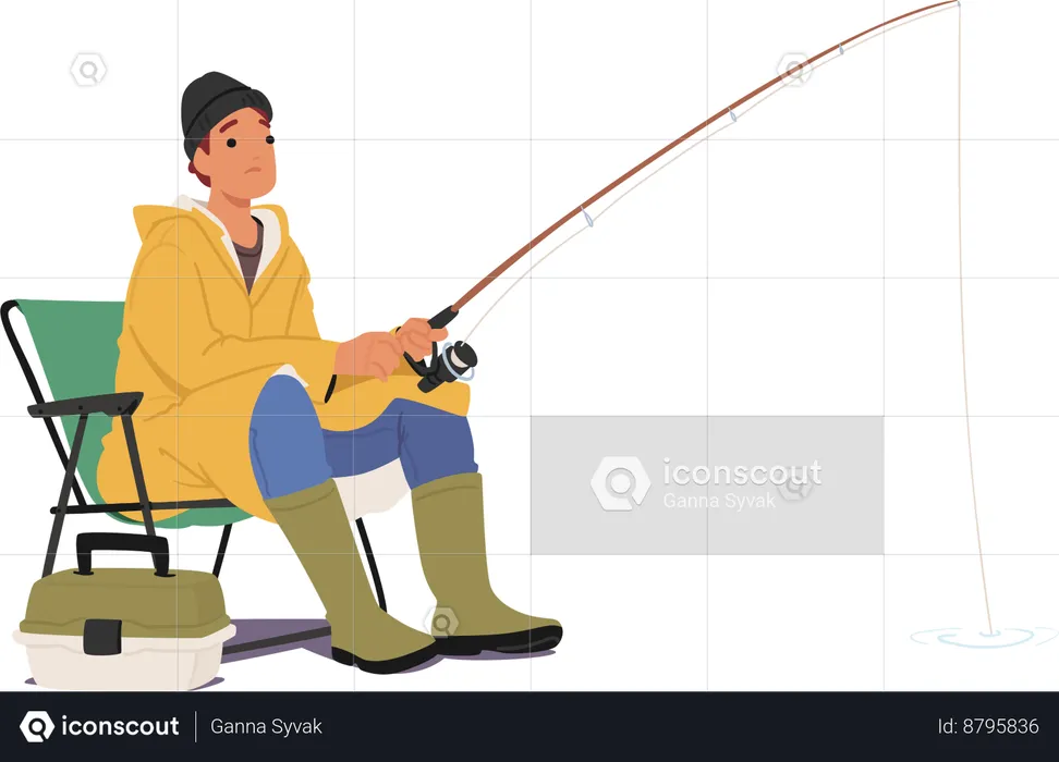 Fisherman Sitting With Rod In Hands And Tackle Box Patiently Awaiting Catch  Illustration