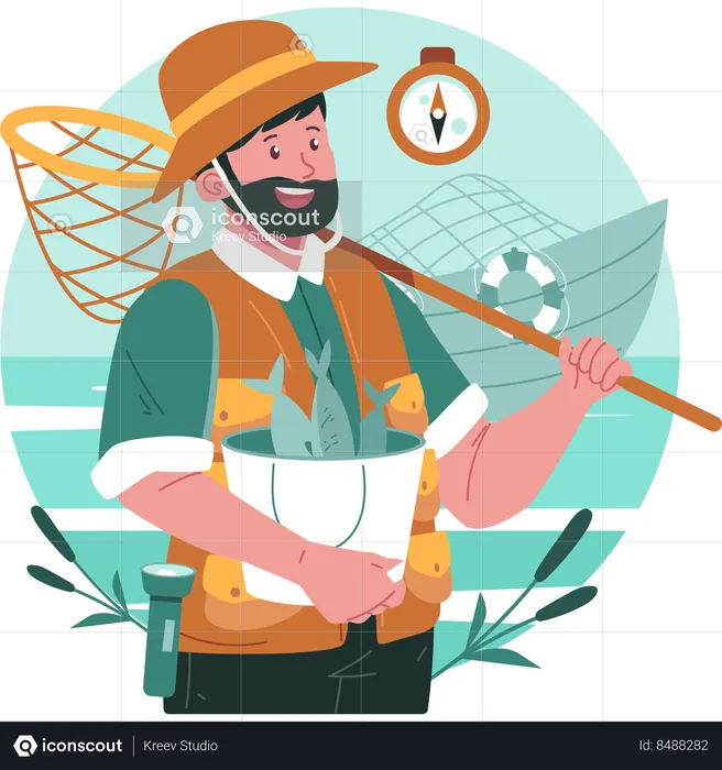 Fisherman standing with bucket and net  Illustration