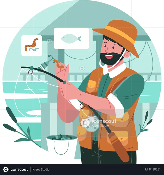Fisherman standing with fishing rod  Illustration
