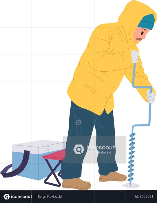 Fisherman wearing warm clothes outwear drilling hole in frozen lake for fishing  Illustration