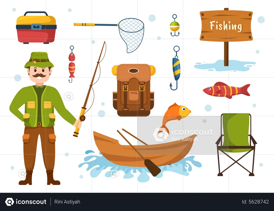 Fisherman with different fishing tools  Illustration