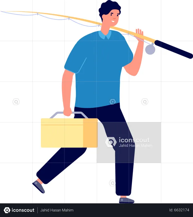 Fishing man holding fishing rob and fishing bag  Illustration