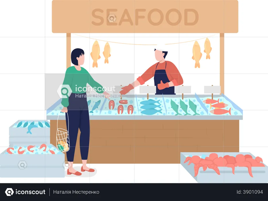 Fishmonger suggests fresh seafood  Illustration