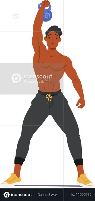 Fisiculturista em forma levantando kettlebell acima da cabeça  Ilustração