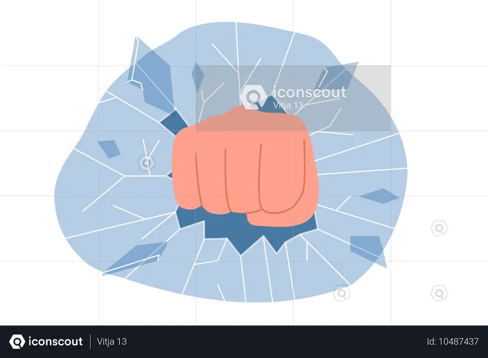 Fist breaks glass into pieces symbolizing strength and aggression that evokes desire to destroy  Illustration