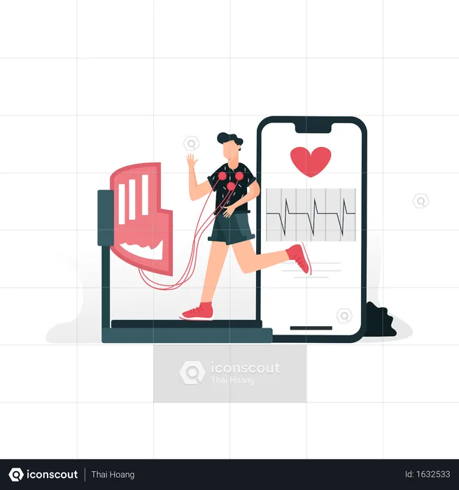 Fitness and heartbeat tracking with smart gadget while man doing exercising on treadmill  Illustration