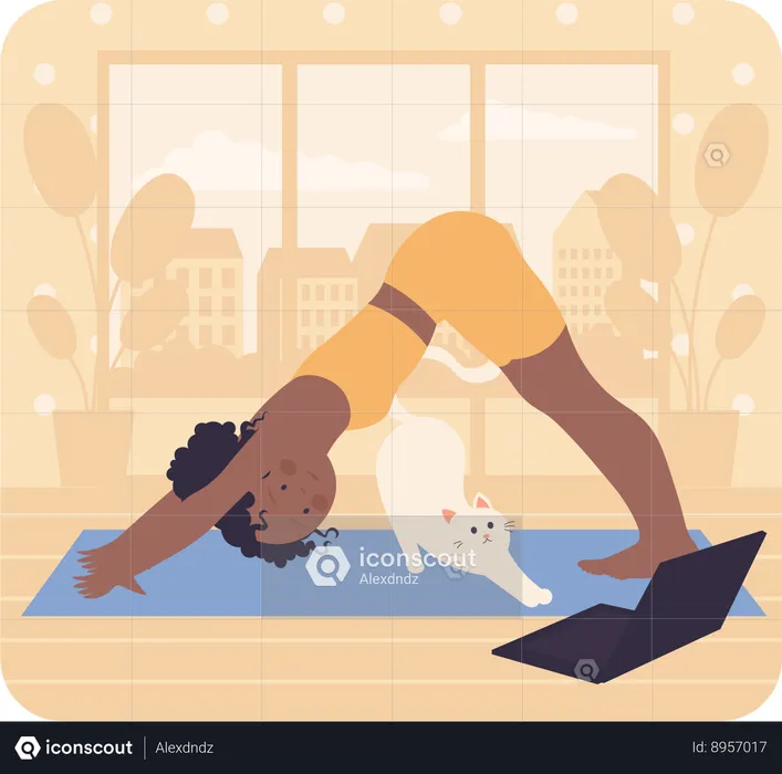 Fitness girl doing online yoga exercise  Illustration