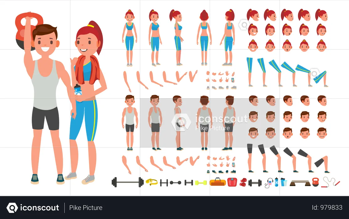 Fitness Girl, Man Vector. Animated Sport Male, Female Character Creation Set. Full Length, Front, Side, Back View, Accessories, Poses, Face Emotions, Gestures. Isolated Flat Cartoon Illustration  Illustration