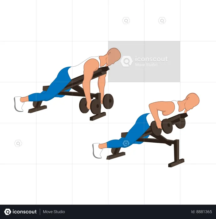 Homem fitness fazendo back fly com halteres de duas mãos  Ilustração