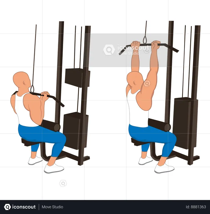 Fitness man doing narrow handed back pulley  Illustration
