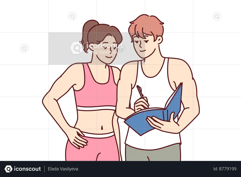 Fitness trainer measures woman's waist  Illustration