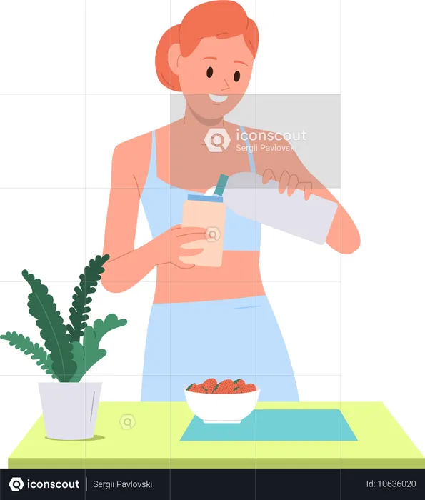 Fitness woman eating natural strawberry and milk protein cocktail on breakfast  Illustration