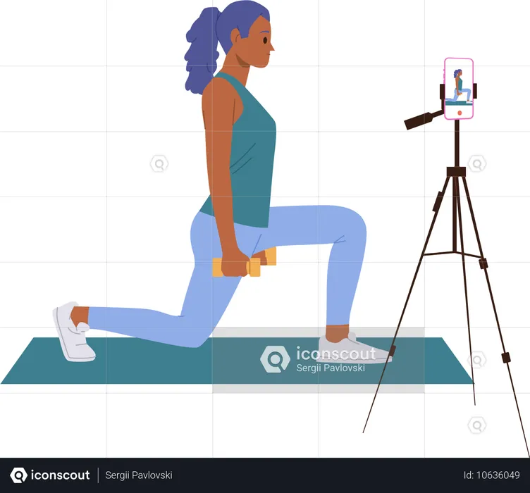 Fitnesstrainerin streamt Video für Blog-Aufzeichnung beim Training mit Hanteln  Illustration