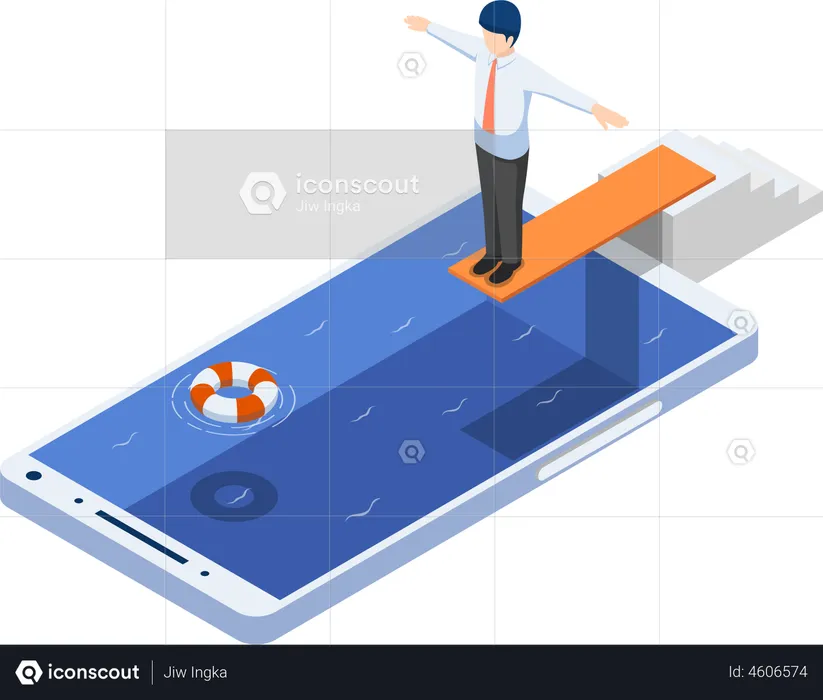 Geschäftsmann auf Sprungbrett bereit, in den Smartphone-Kacka zu springen  Illustration