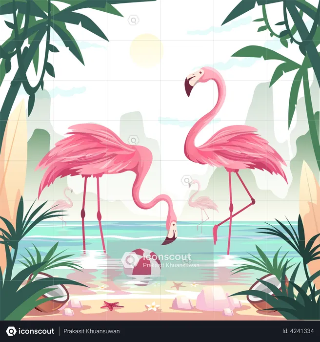 Flamingos catching fish at the seashore  Illustration