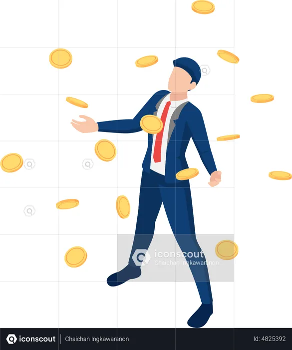 Flat 3d Isometric Busienssman Under The Rain of Golden Money Coin, Cash Flow and Business Success Concept  Illustration