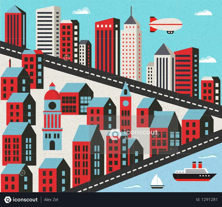 Flat City With Houses  Illustration