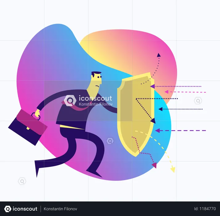 Flat Design Illustration For Presentation, Web, Landing Page: A Man With A Shield Protects From Attack  Illustration