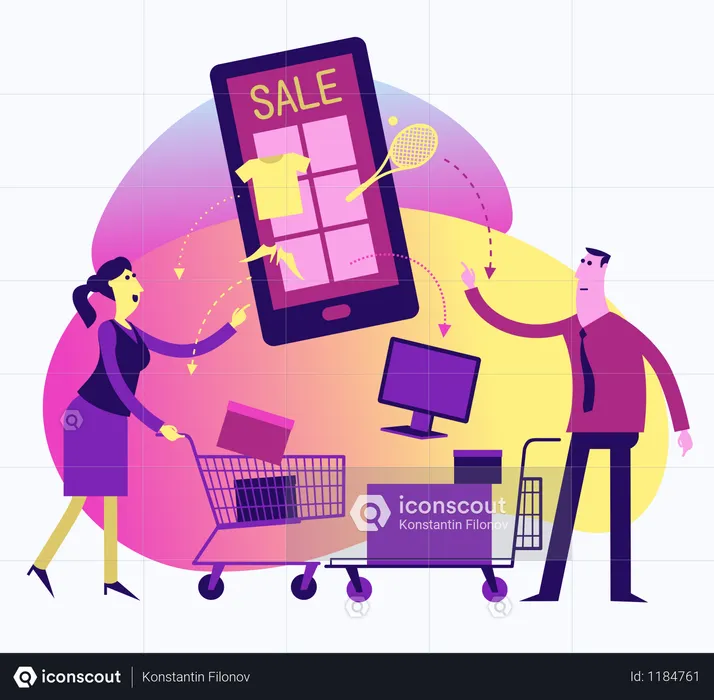 Flat Design Illustration For Presentation, Web, Landing Page: Man And Woman Make Online Shopping In The Web Store On A Smartphone  Illustration