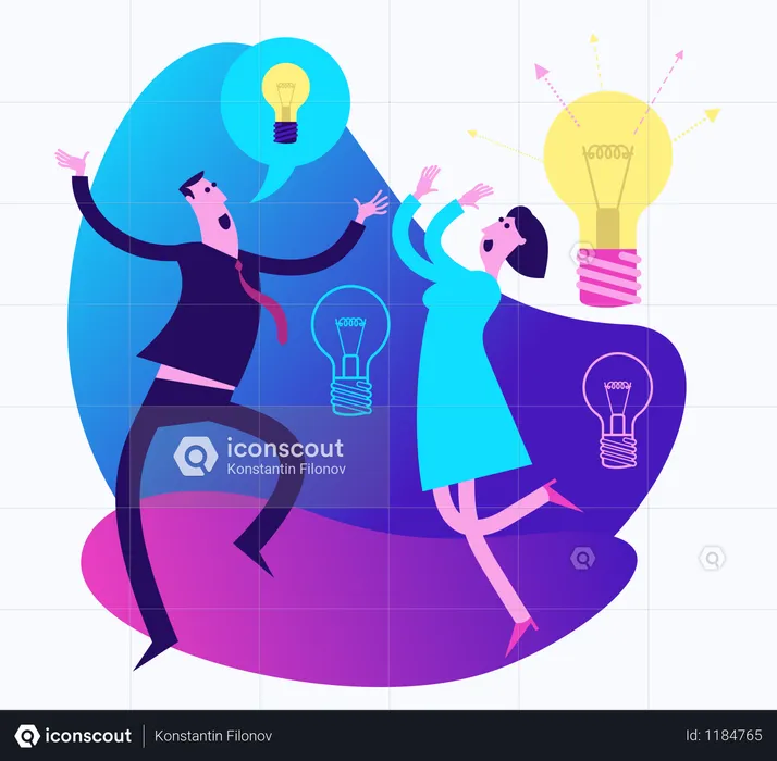 Flat Design Illustration For The Presentation, Web, Landing Page: Happy Man And Woman Rejoice At The Brilliant Idea  Illustration