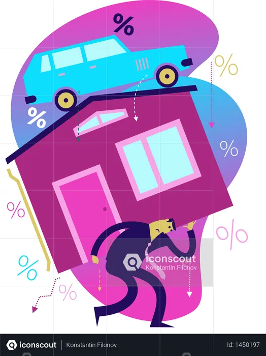 Flat Design Illustration: The Man Bears Heavy Expenses on the House, the Car  Illustration