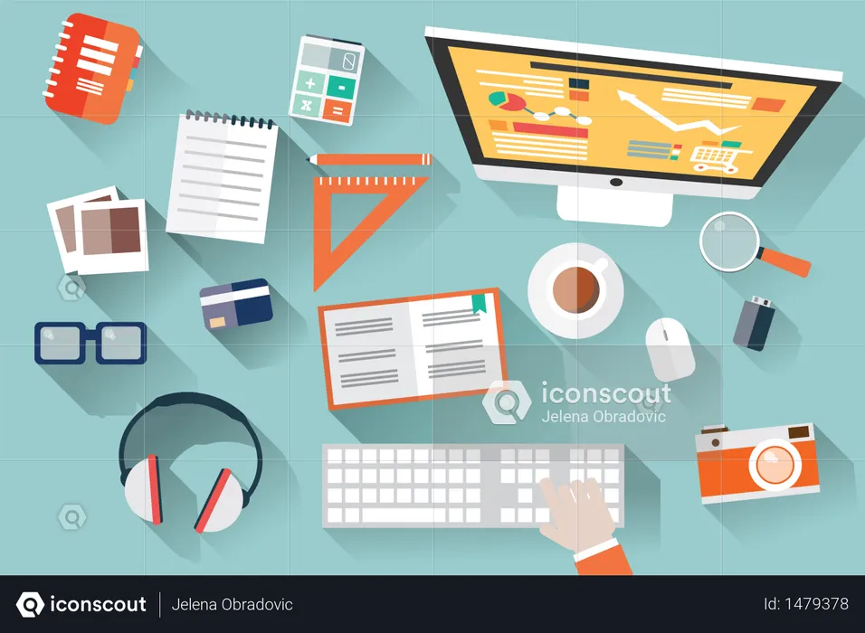 Flat design objects, work desk, long shadow, office desk, computer and stationery  Illustration