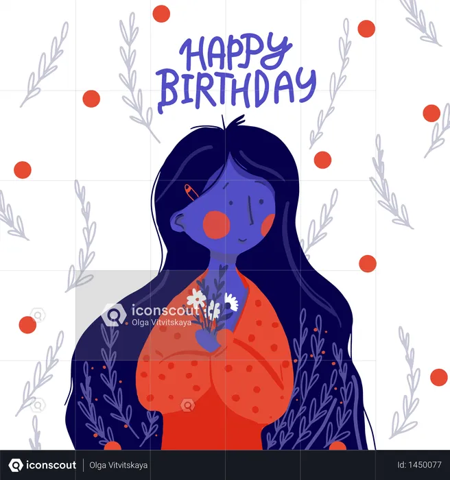 Flat girl long hair with flowers Happy Birthday greetings  Illustration