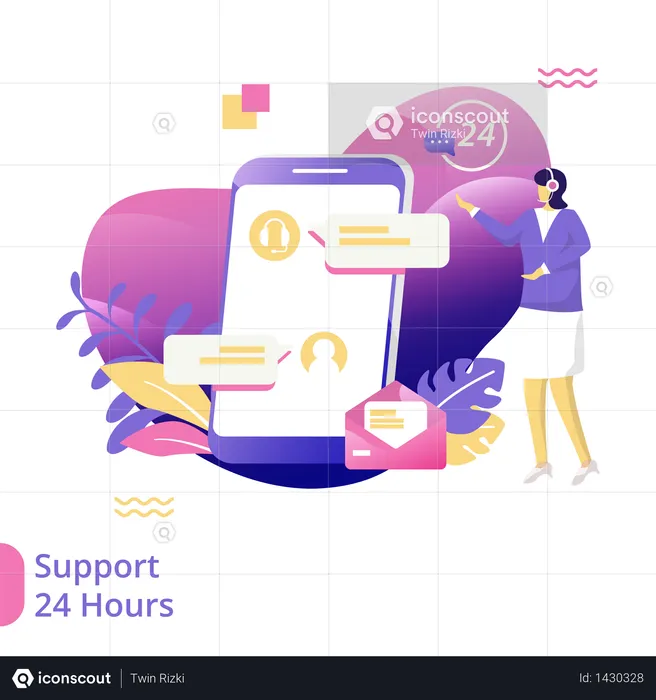 Flat Illustration of 24 Hours Support  Illustration