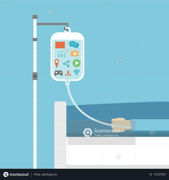 Flat Style Concept Of Social Addiction, Patient On Sick Bed Healed By Social Network  Illustration