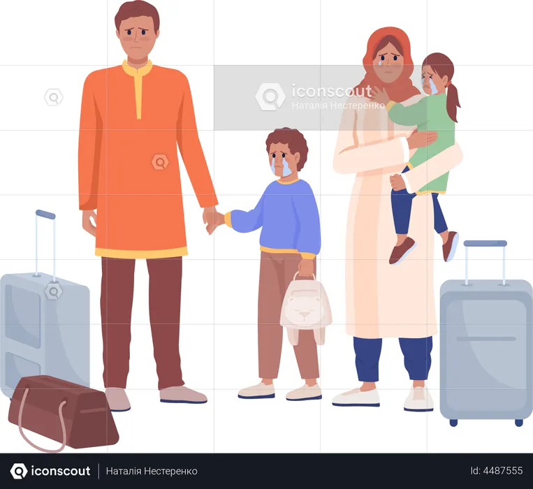 Fleeing family waiting for evacuation train  Illustration